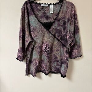 JH Collectibles Purple and Green Paisley Blouse V Neck 3X